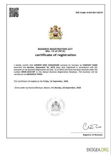 Modèle Word et PDF de certificat d'enregistrement du Malawi